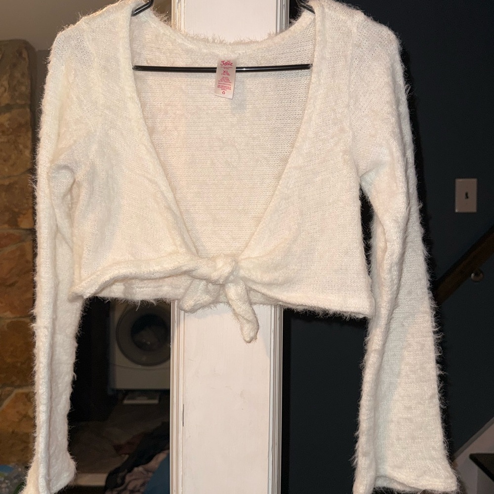 Justice Fuzzy White Tie Front Cardigan Girls XL 16/18 Cropped Coquette Sweater